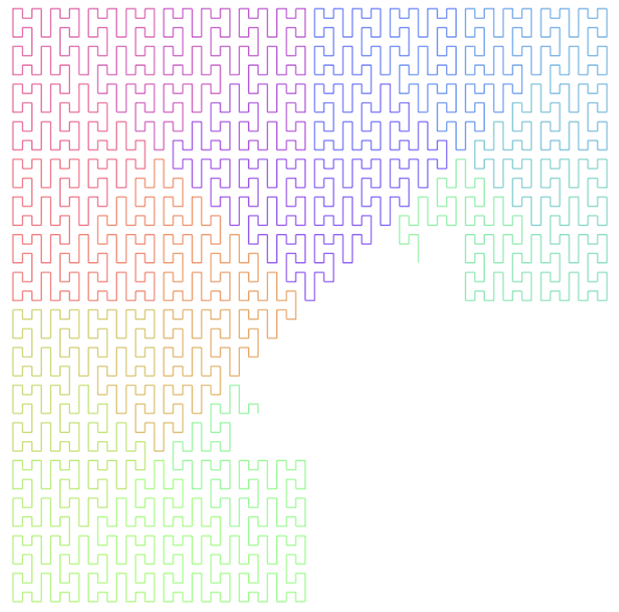 A single connected line in rainbow colors that looks like many small letter H's.