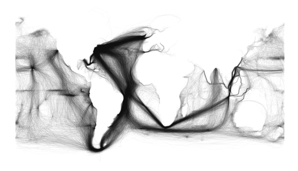 An image of the world outlined by ship's paths.